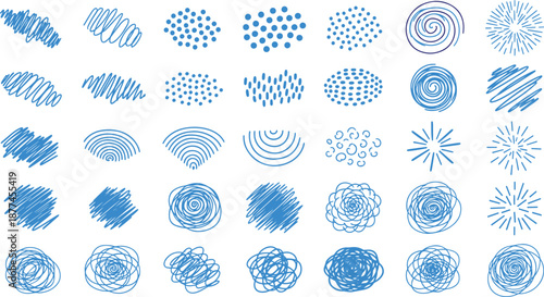 Abstract blue scribble brush strokes hand drawn vector element set