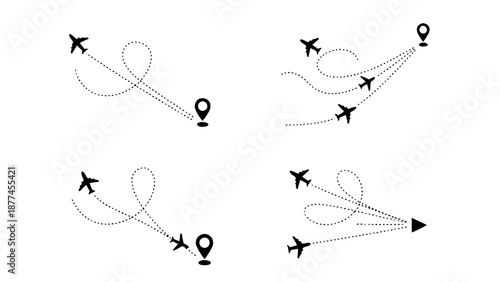 Collection Of Minimalist Black Silhouette Icons Representing Airplane Flight Paths Towards Specific Geographic Map Pin Destinations