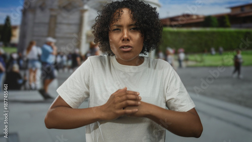 Tableau sur toile Young african american woman cracking knuckles on street near pisa tower under clear blue sky; anger release