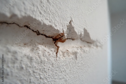 A tan brick wall, cracked, is adjacent to a white gutter and pipe