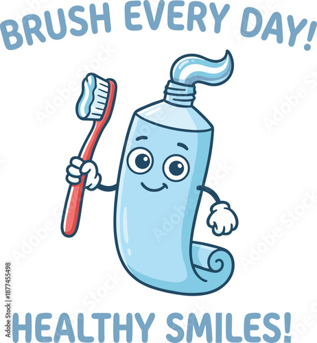 Cartoon toothpaste character, smiling tube, holding toothbrush, dental hygiene, kids poster, healthy teeth, flat vector illustration