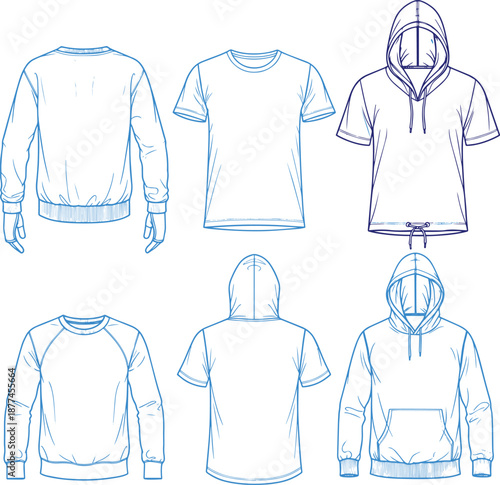Apparel clothing line drawings set of shirts and sweatshirts vector