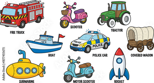 Cartoon vehicle set with labels, fire truck scooter tractor boat rocket police car, kids educational art, flat vector illustration