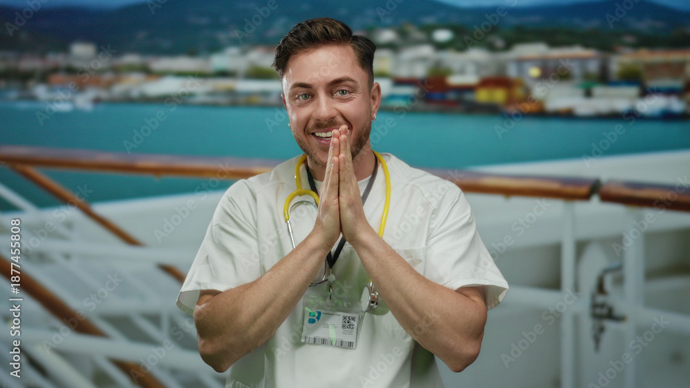 Fototapeta premium Young man with beard in doctor attire smiling on a cruise ship with seaside in the background, holding hands to face showing excitement with stethoscope hanging.
