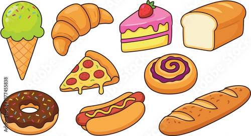Cartoon baked goods and snacks, ice cream cake pizza donut hot dog bread roll, kids food art, vector illustration