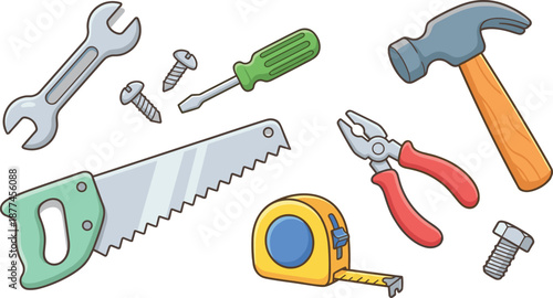 Cartoon hand tools set, construction gear, DIY equipment, fasteners collection, repair icons, colorful design, flat vector illustration