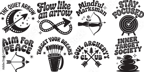 Mindful archery and soul target shooting retro badge collection set