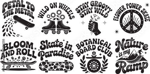 Botanical board skating and flower power roller skate graphics vector