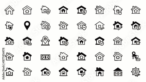 Black and white house with various symbols money