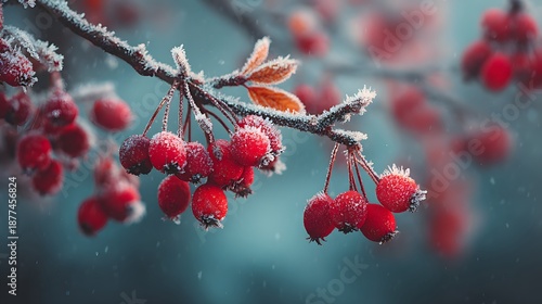 Frost-covered bush featuring bright red berries with delicate ice crystals coating the branches set against a soft snowy winter background.