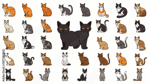 Cartoon cats in various colors and patterns sitting on white background felines animals pets