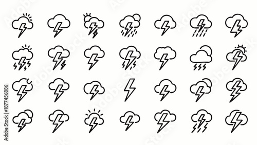 Black and white weather with lightning bolts and clouds weather lightning bolts line simple stormy weather