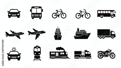 Black silhouettes of various vehicles on white background bicycle bike