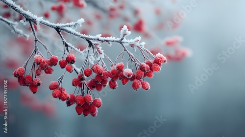 Frost-covered bush featuring bright red berries with delicate ice crystals coating the branches set against a soft snowy winter background.