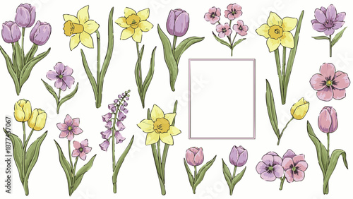 Colorful flowers including tulips daffodils and pansies with blank frame
