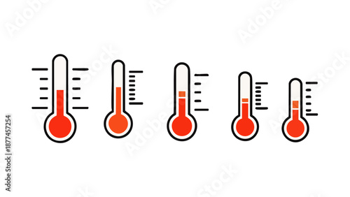 Five thermometers with varying temperature levels heat measurement gauges