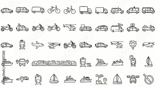 Black and white line of various vehicles and modes of transportation line black and white cars trucks
