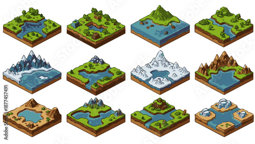 Isometric terrain landscapes with mountains water and vegetation