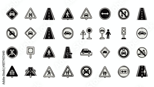 Black and white road signs with cars people and arrows traffic signs vehicles