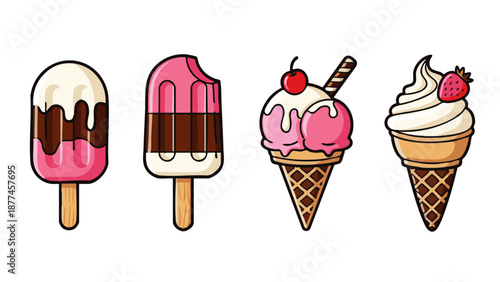 Colorful cartoon ice cream treats on sticks and in cones popsicles