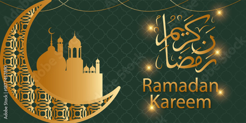 Elegant Ramadan Kareem Background with Golden Crescent, Mosque Silhouette, and Arabic Calligraphy