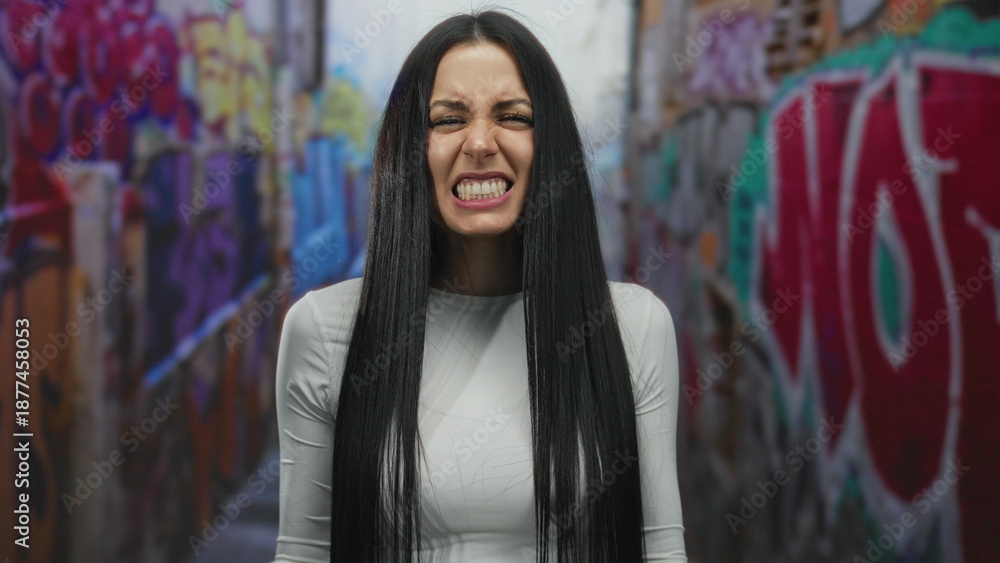 Naklejka premium Woman expressing frustration in urban graffiti street wearing white shirt with vibrant colors around