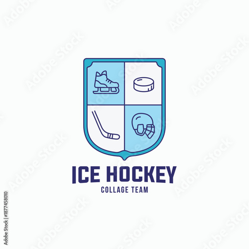 Ice hockey collage team emblem badge logo design with helmet, shoe, stick and  puck in linear style vector illustration