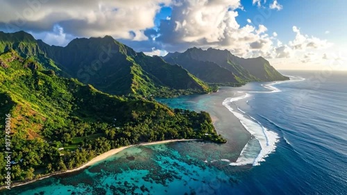 Aerial view of a tropical island with lush green mountains and turquoise waters.