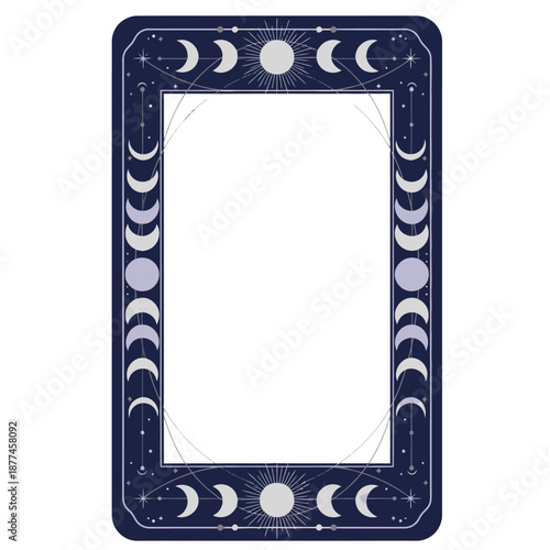 Mystical moon phase tarot card frame vector template featuring full and crescent lunar cycles with celestial stars and sunbursts on a dark navy border for astrology and divination branding