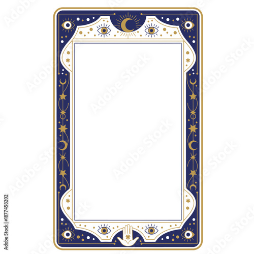 Mystical tarot card border vector template with celestial crescent moon evil eye symbols and hamsa hand on dark navy frame with golden stars for astrology and oracle card branding