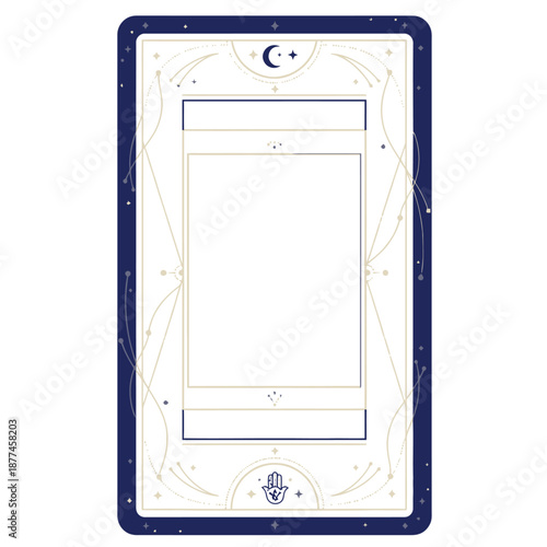 Mystical tarot card layout frame vector template featuring a hamsa hand icon celestial moon and stars with golden geometric line art on a dark navy border for oracle cards and astrology branding