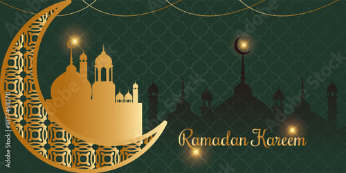 Elegant Ramadan Kareem Background with Golden Crescent, Mosque Silhouette, and Arabic Calligraphy