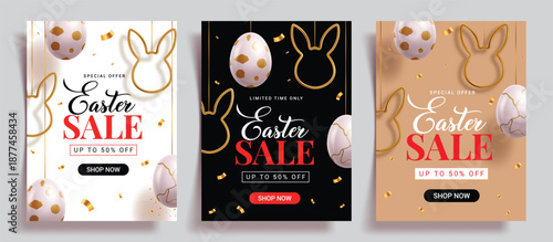 Easter Sale poster set clipart design. Happy Easter greeting text with bunny and eggs decoration elements hanging clip art for shopping Sale banner template collection vector illustration.
