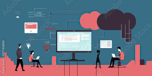 Team of diverse programmers coding software applications with laptops connected to cloud network and data streams in flat minimalist style vector illustration