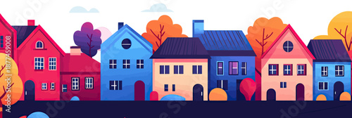 Colorful row of suburban houses with vibrant autumn trees and simple minimalist flat vector style residential neighborhood illustration