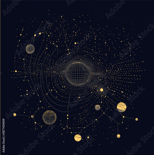 Abstract wireframe cosmic constellation with geometric planets stars and celestial bodies minimalist dark space vector background illustration