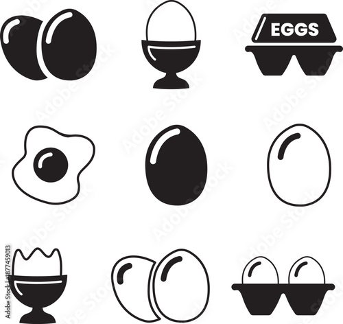 Simple black and white vector icons set of eggs, including whole, cracked, fried, and carton representations for cooking and breakfast menus.