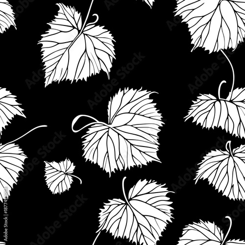 Seamless black and white grapevine leaf pattern vector background with detailed hand-drawn botanical vine leaves for nature design and texture print