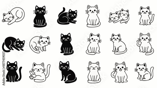 Black and white cartoon cats in various poses and expressions black cats white cats animals