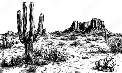 Detailed vintage black and white engraving of American desert landscape featuring saguaro cactus, prickly pear, rocky terrain, shrubs, mesas, and distant mountains in western wild west style