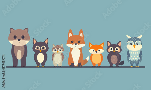 Cute forest animals collection including bear, raccoon, owl, fox, chipmunk, and lynx in flat minimalist cartoon vector style on blue background for children design and wildlife concept