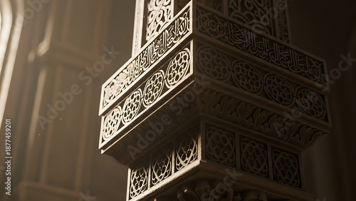 Ornate carved stone column corner inside ancient building with dramatic light shafts