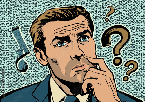 Businessman skeptical thinking with hand on chin surrounded by question marks confused about decision making or doubt concept in pop art style