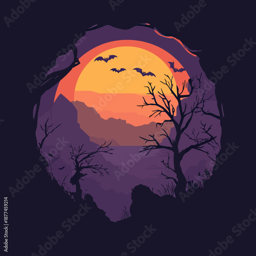 Halloween sunset landscape with silhouetted bats flying over barren trees and rocky foreground in flat minimalist style vector illustration