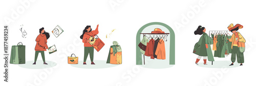 Women shopping second hand vintage clothes at flea market outdoor street stall sustainable fashion eco friendly style minimalist vector illustration set