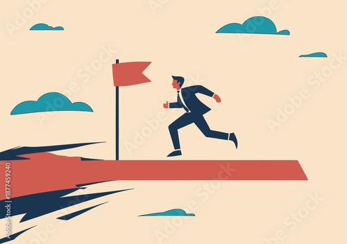 Businessman running toward red flag on progress arrow symbolizing career growth success achievement goal ambition motivation concept vector illustration