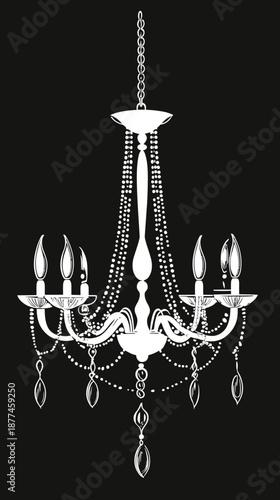 Elegant vintage chandelier with hanging crystals and decorative candles black and white minimalist vector outline art design for interior decoration lighting concept