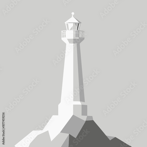 Minimalist polygonal low poly lighthouse on geometric rocky base with light tower and railing on neutral background vector illustration