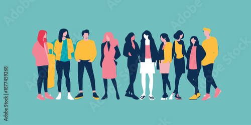 Diverse group of ten business people standing together in casual professional attire flat minimalist vector illustration for teamwork communication concept