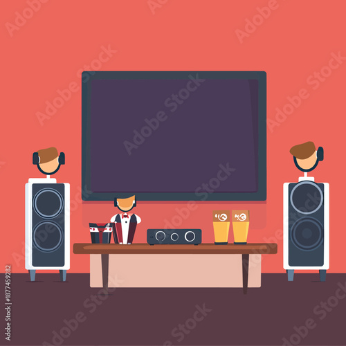 minimalist flat vector home entertainment setup with large television speakers popcorn drinks and figurine on wooden table against red wall background
